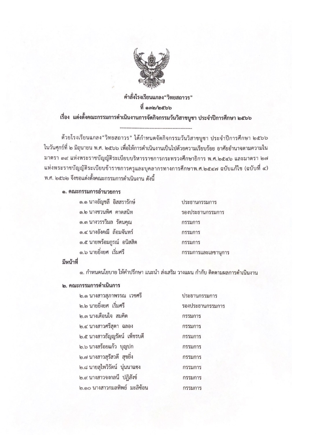 คำสั่งที่ 132/2566 แต่งตั้งคณะกรรมการดำเนินการ กิจกรรมวันวิสาขบูชา