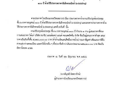 ประกาศผู้ชนะการเสนอราคาการปรับปรุงห้องประชุมชั้น 2 อาคารอนุสรณ์ 100 ปี